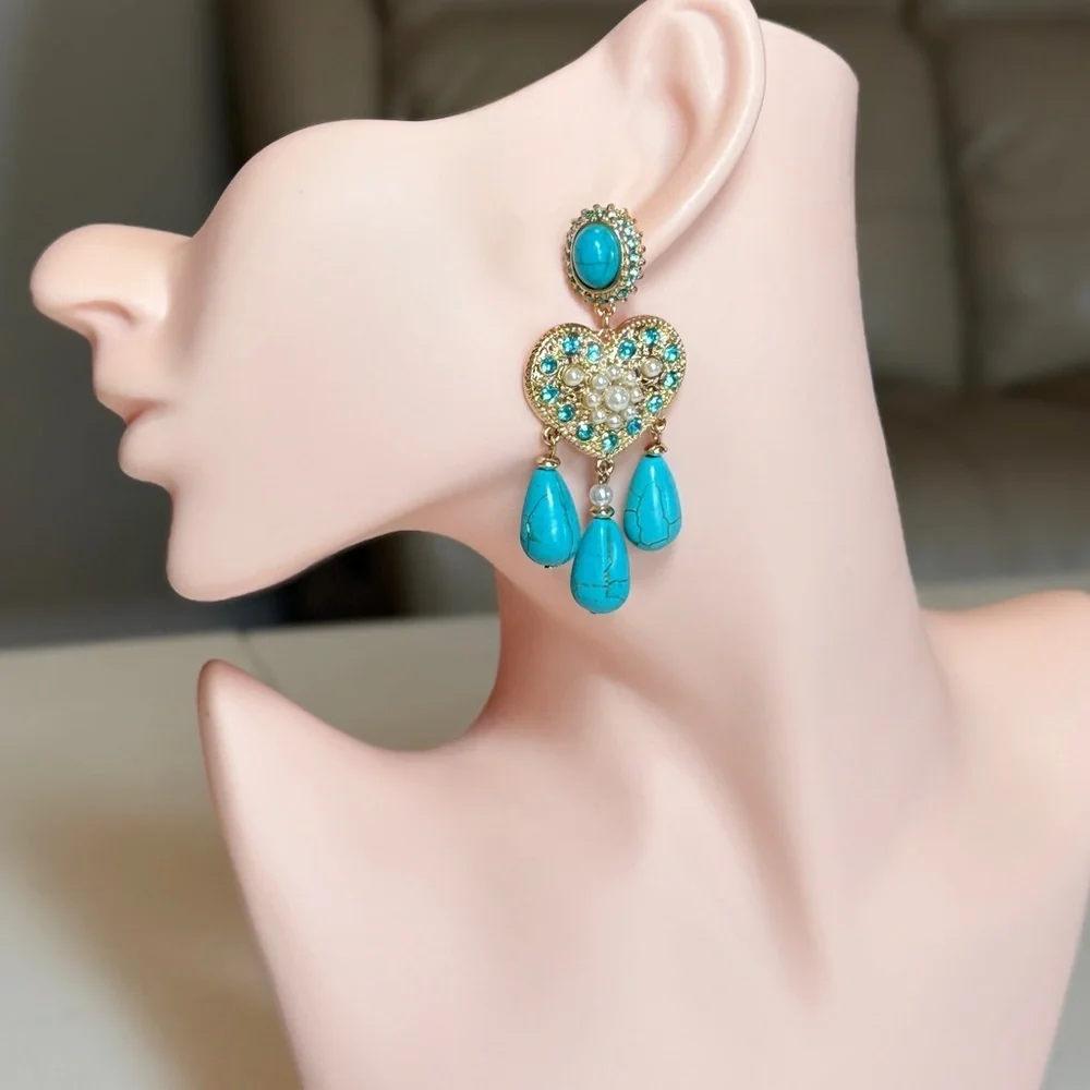 ⚜️ Turquoise Heart Drop Earrings - Gold Tone Women Jewelry